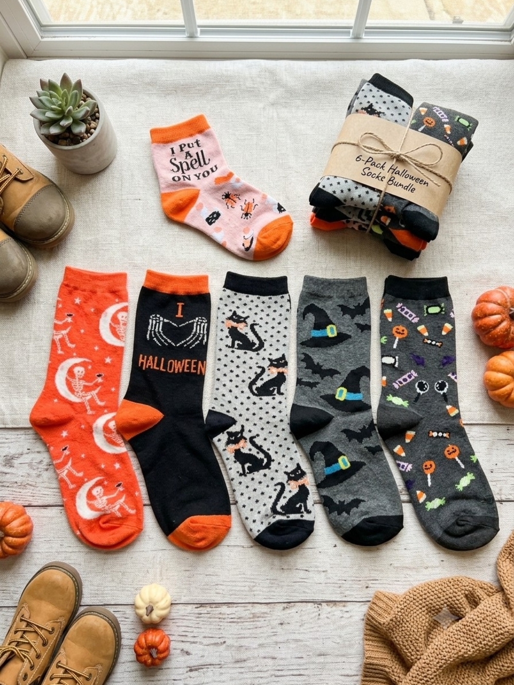 Halloween Spooky Socks Bundle 6 Pairs Orange & Black